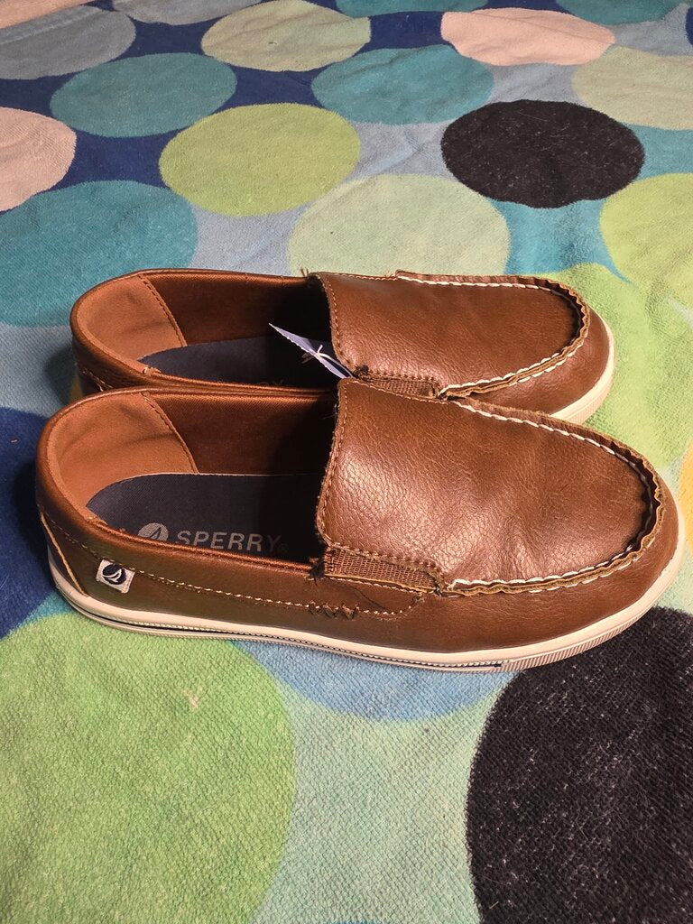 Size 1Y brown slip on Sperry