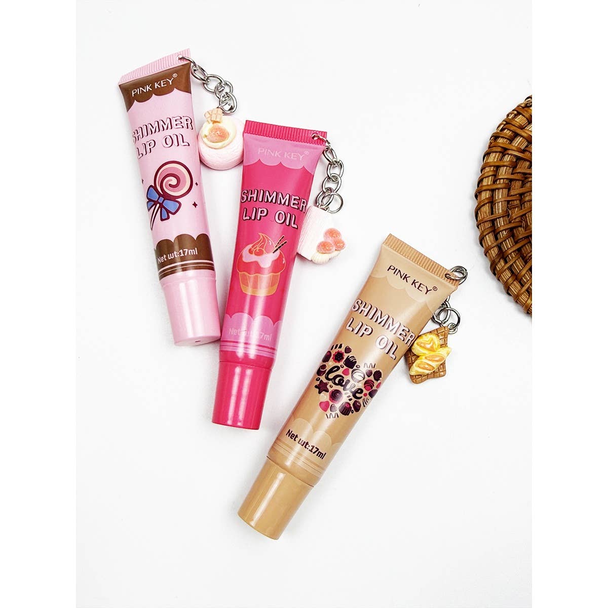 Cute Shimmer Lip Oil with Charm: ASSORTED COLOR / ONE SIZE(24)