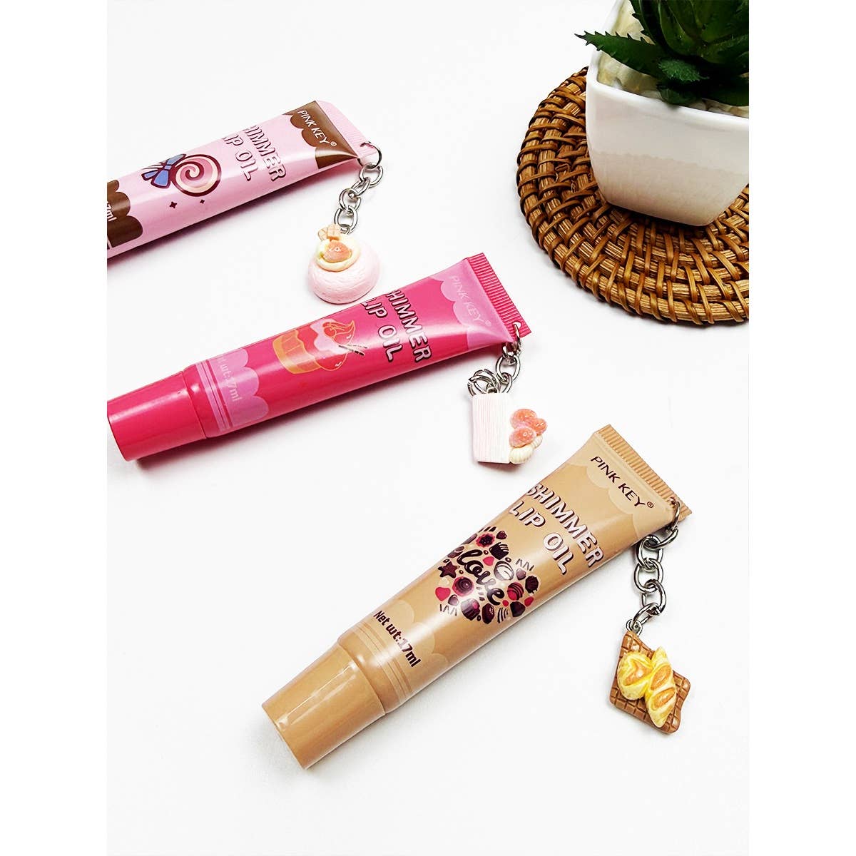 Cute Shimmer Lip Oil with Charm: ASSORTED COLOR / ONE SIZE(24)