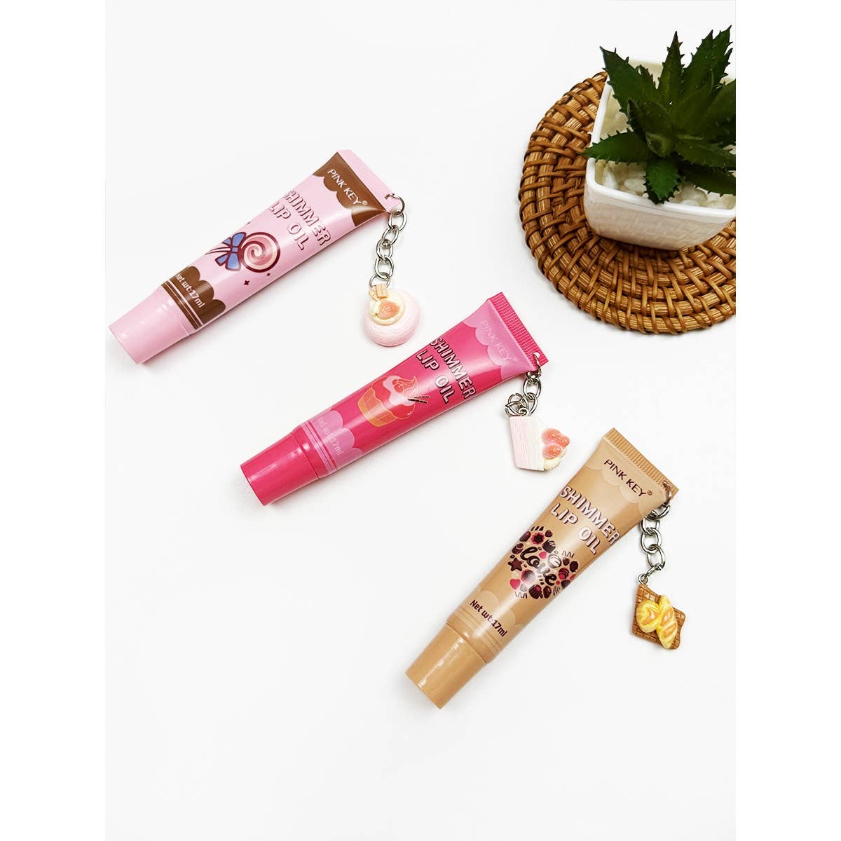 Cute Shimmer Lip Oil with Charm: ASSORTED COLOR / ONE SIZE(24)