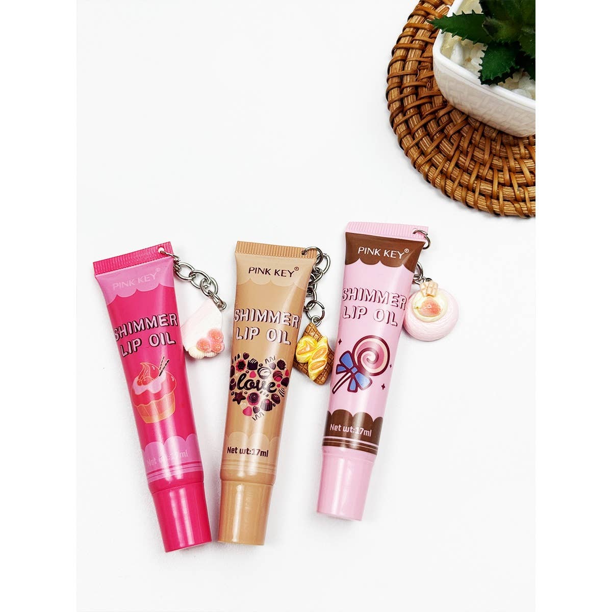 Cute Shimmer Lip Oil with Charm: ASSORTED COLOR / ONE SIZE(24)