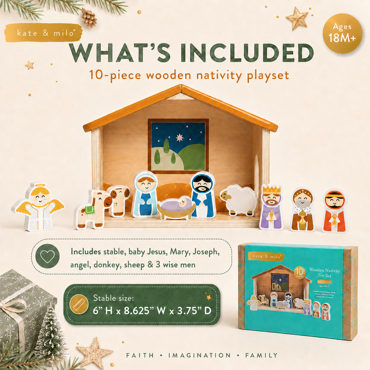 Kate & Milo - Wood Nativity Play Set, 10 Piece Christmas Toy Set For Kids