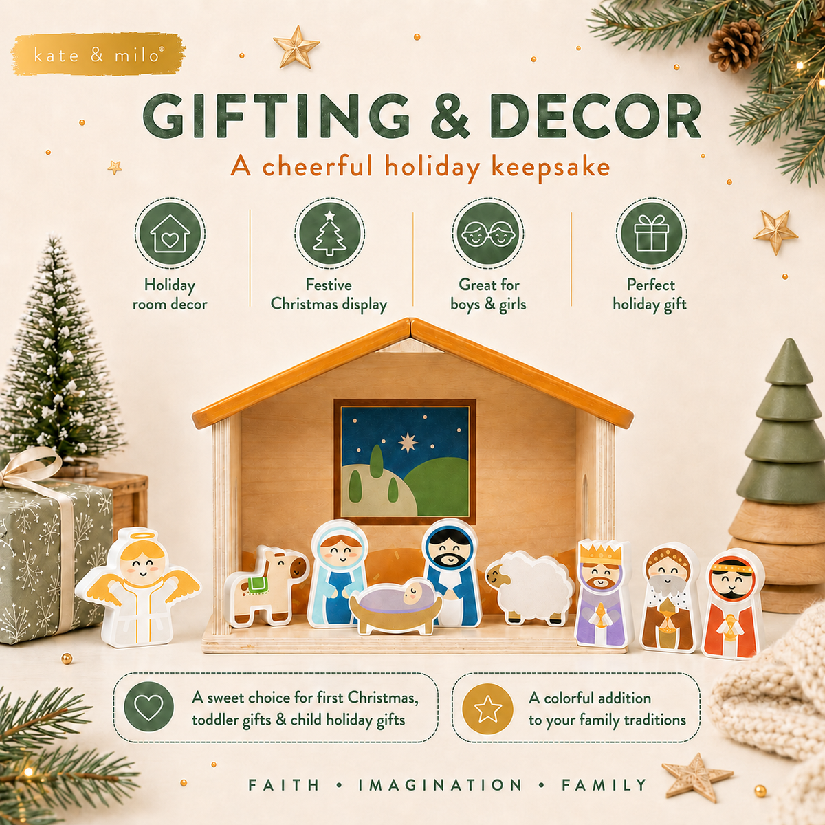 Kate & Milo - Wood Nativity Play Set, 10 Piece Christmas Toy Set For Kids